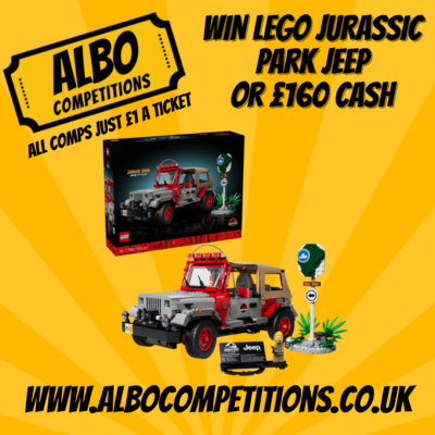 WIN LEGO JURASSIC PARK JEEP SET 77984 OR £160. CASH